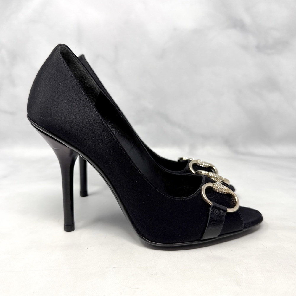 GUCCI Silk Satin Horsebit Swarovski Crystal Embellished Open Toe Pump Heel Black - Picture 3 of 15